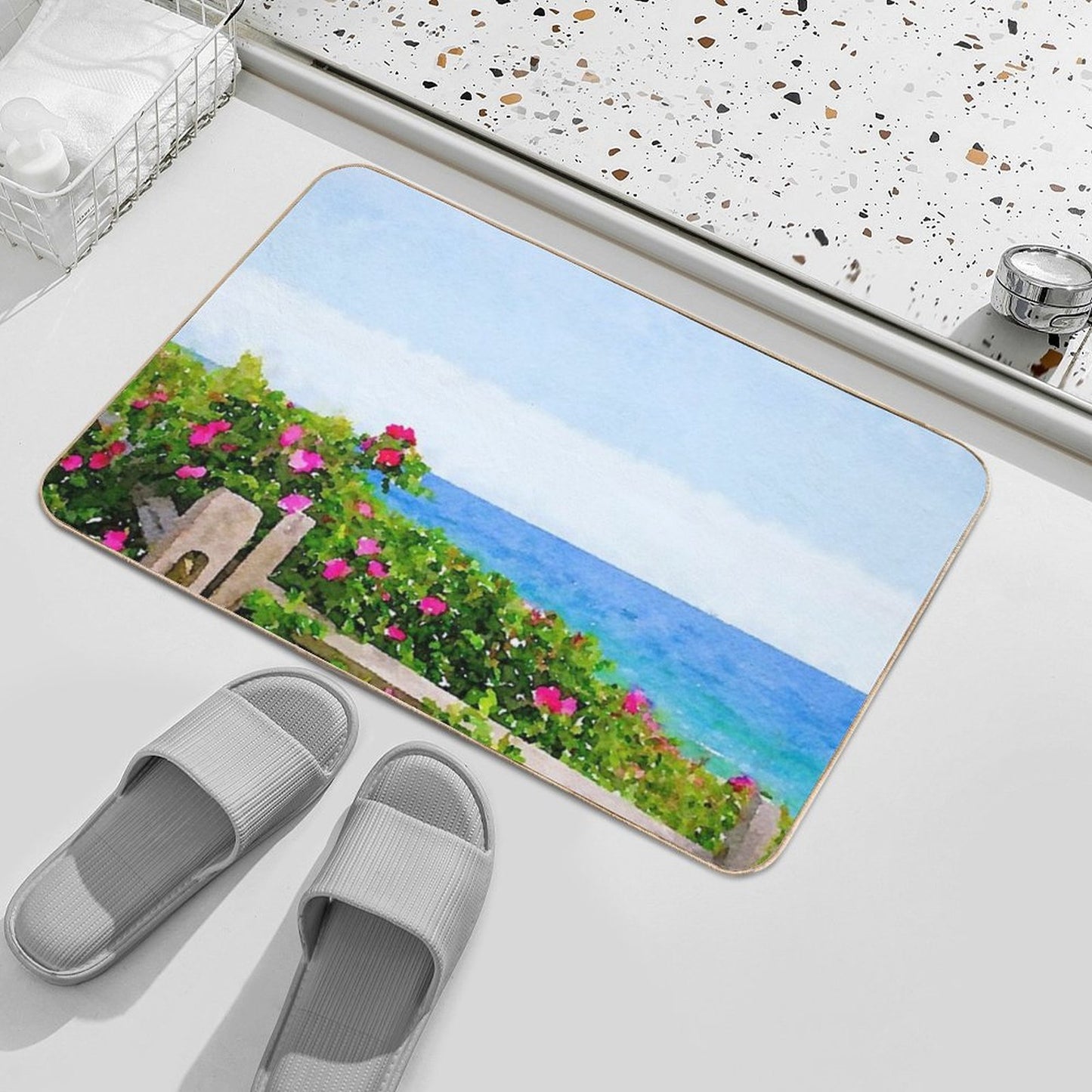 Beach Rose Along Ocean Watercolor  Odorless Bath Mat