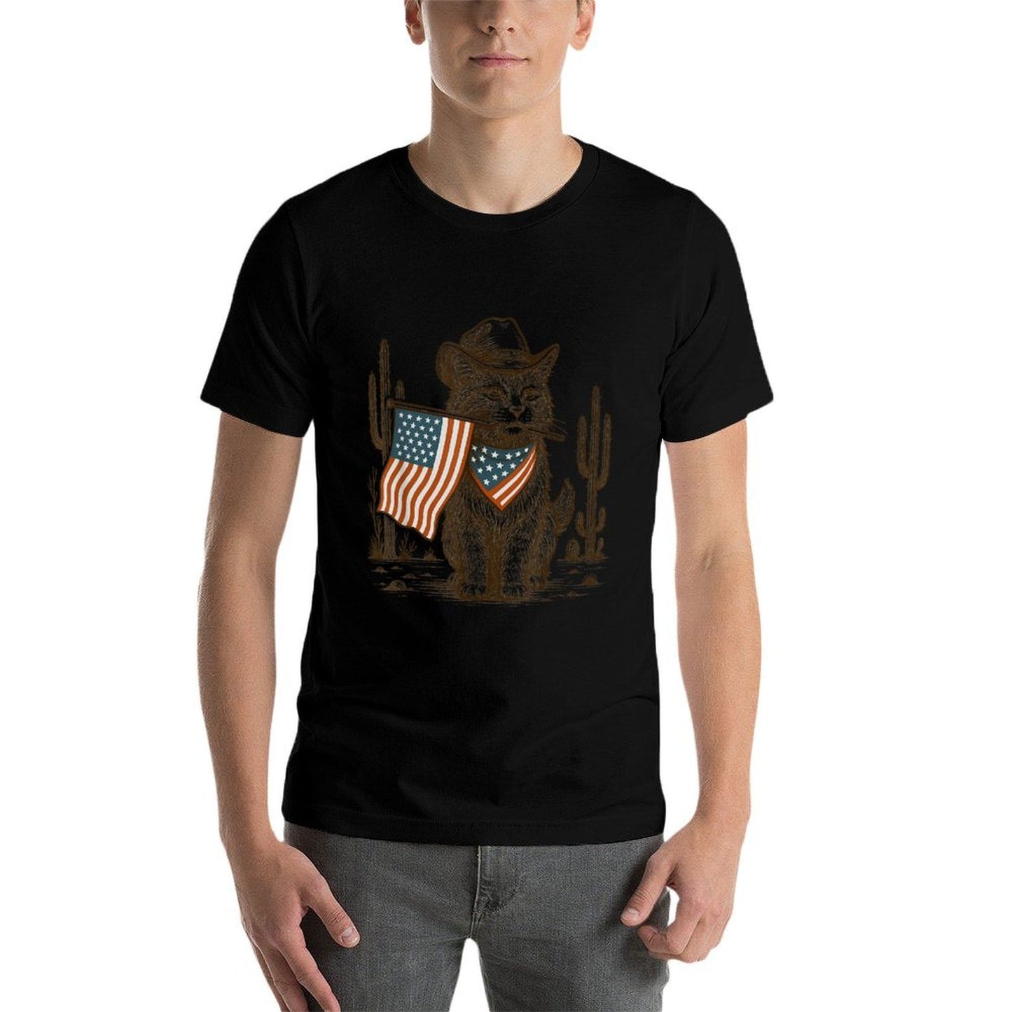 Western Country Patriotic Cowboy Cat Lover 4th of July  Soft T-Shirt