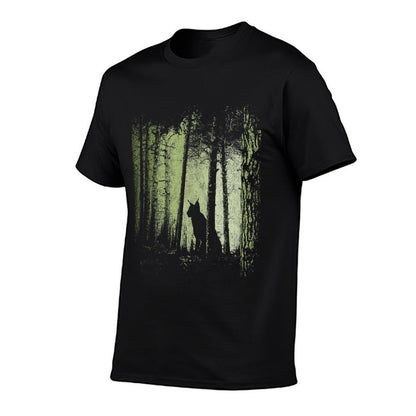 Lynx Silhouette Wildcat Bobcat In Twilight Forest  Ribbed Collar T-Shirt