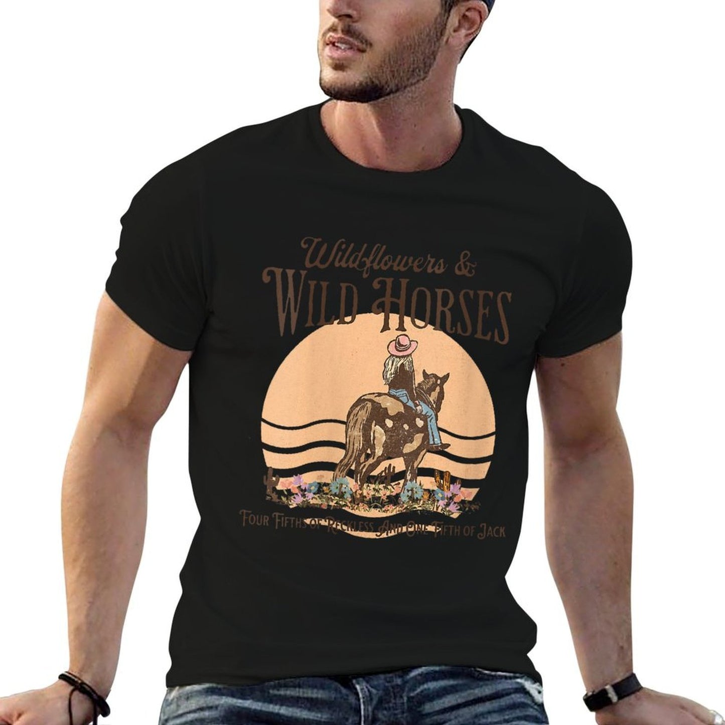 Womens Wildflowers  Wild Horses Western Cowgirl Cowboy  Wrinkle-resistant T-Shirt