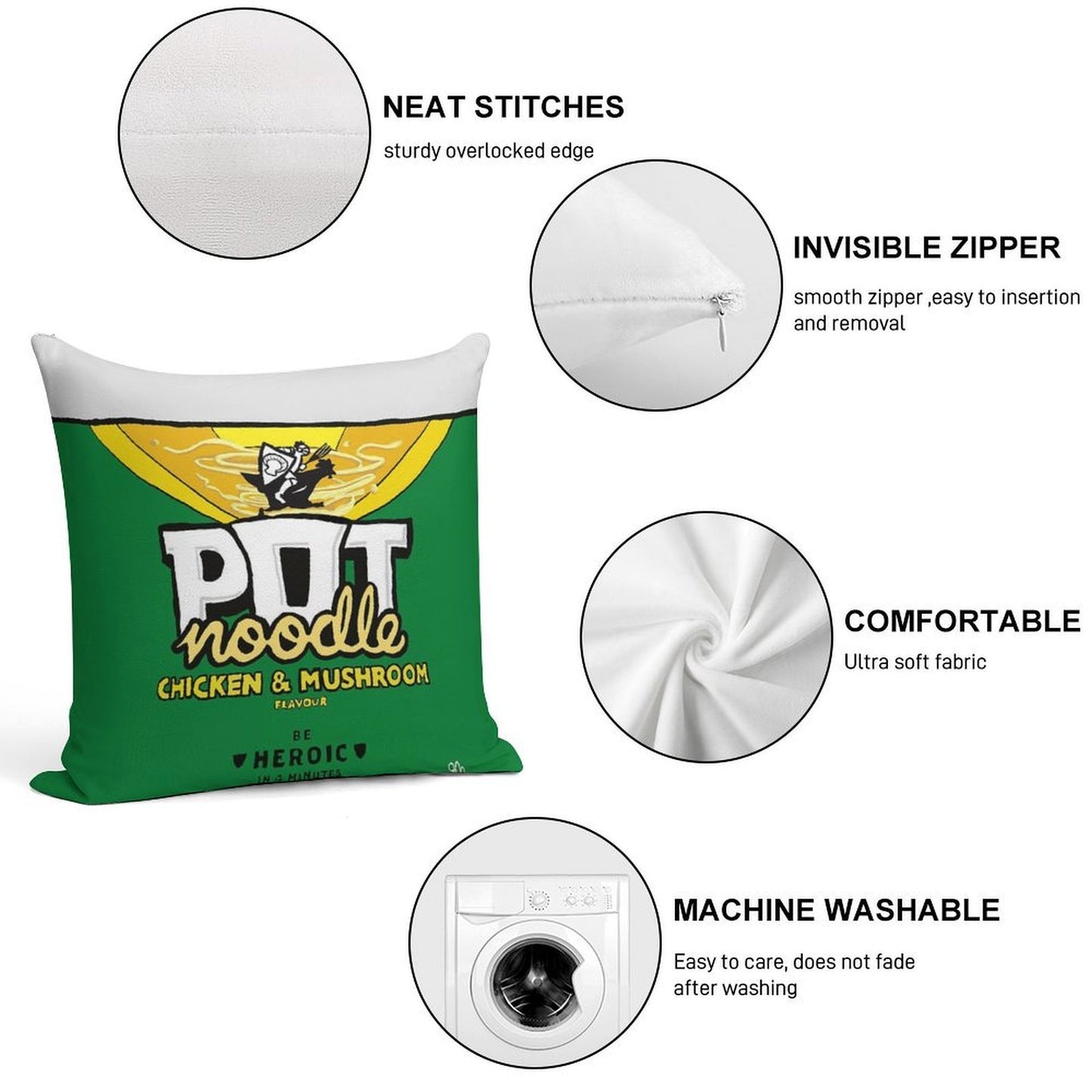 Pot Noodle Cushion Soft Hidden Zipper Throw Pillow