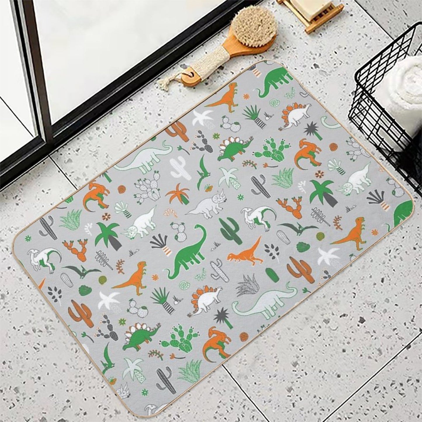 Dinosaur Desert - Green And Orange on Grey - Fun Pattern by Cecca Designs  Eco-Friendly Bath Mat