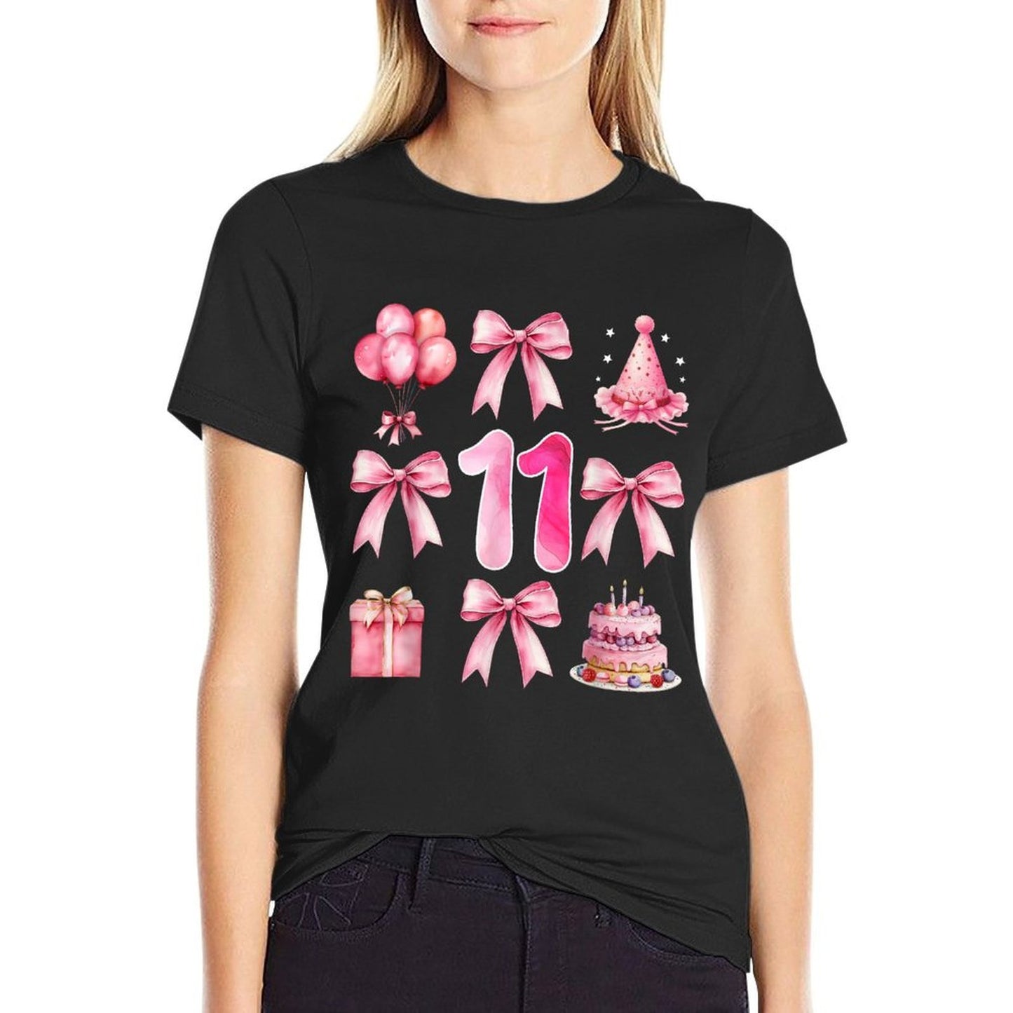 Kids 11th Birthday Girl Pink Coquette Bow Eleven Year Old  Soft T-Shirt