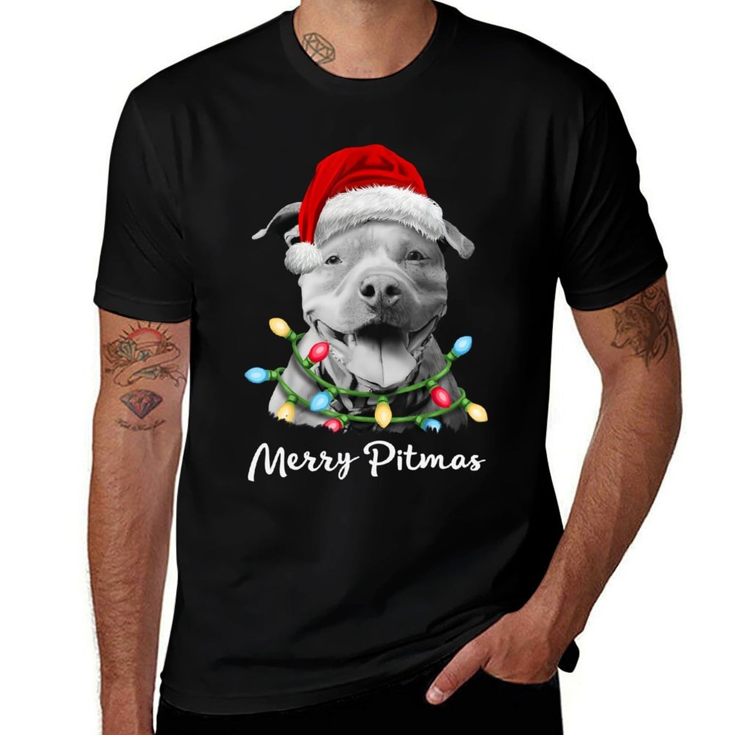 Pit Bull Santa Christmas Tree Lights Xmas Merry Pitmas  Classic T-Shirt