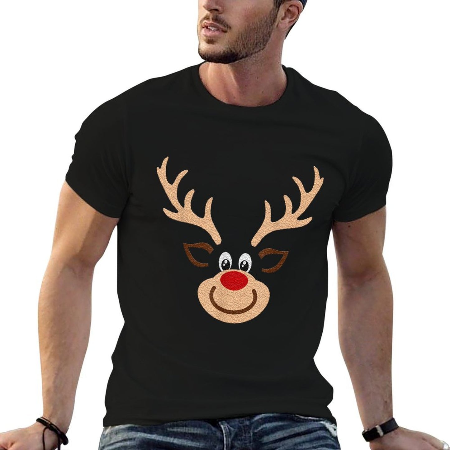 Reindeer Face Deer  Red Nose Brown Christmas  Tagless Design T-Shirt