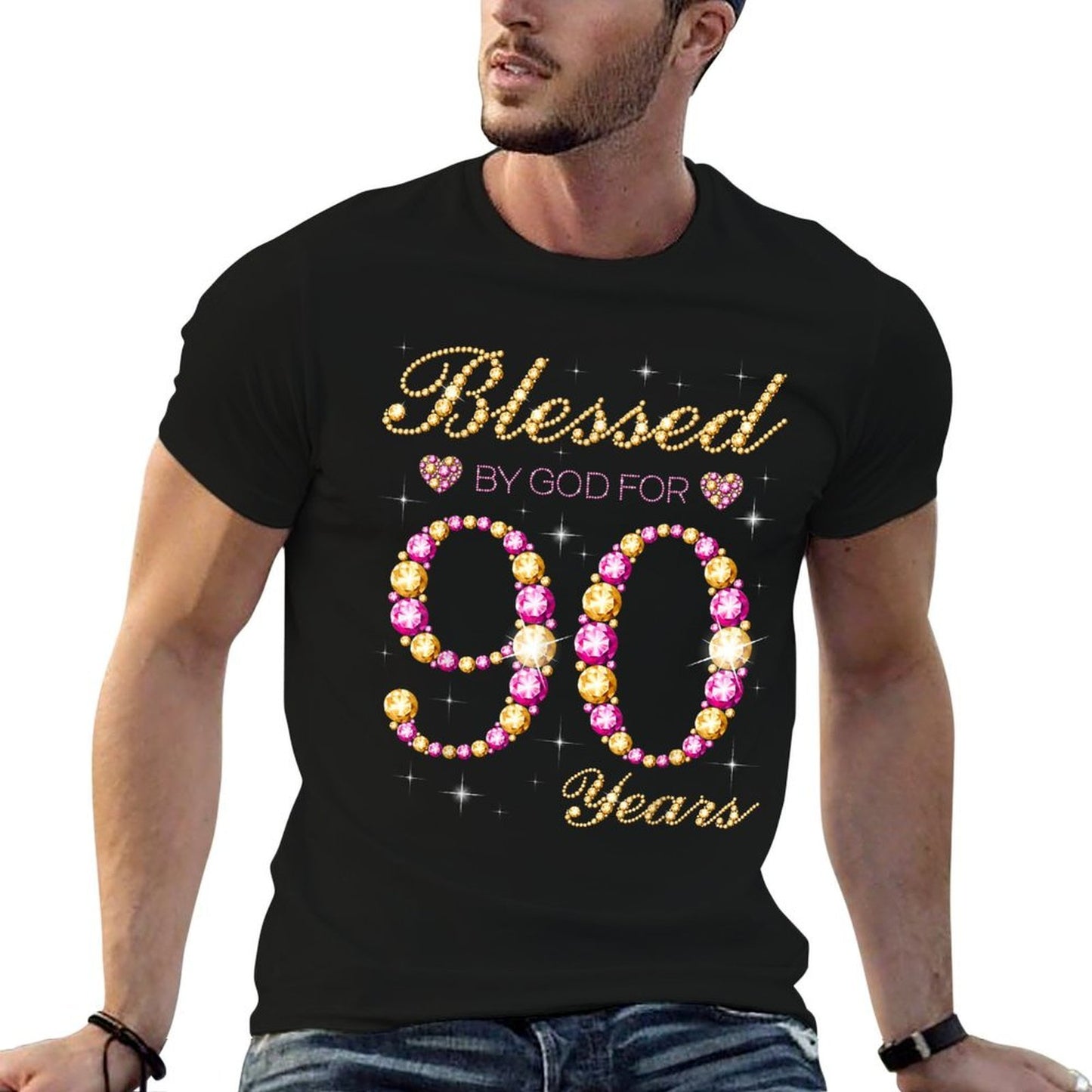 Blessed By God For 90 Years Old 90th Birthday Party  Ribbed Collar T-Shirt