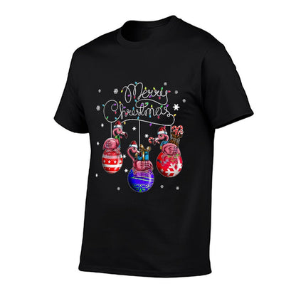 Merry Christmas Flamingo Christmas Ball Motif Christmas  Ribbed Collar T-Shirt