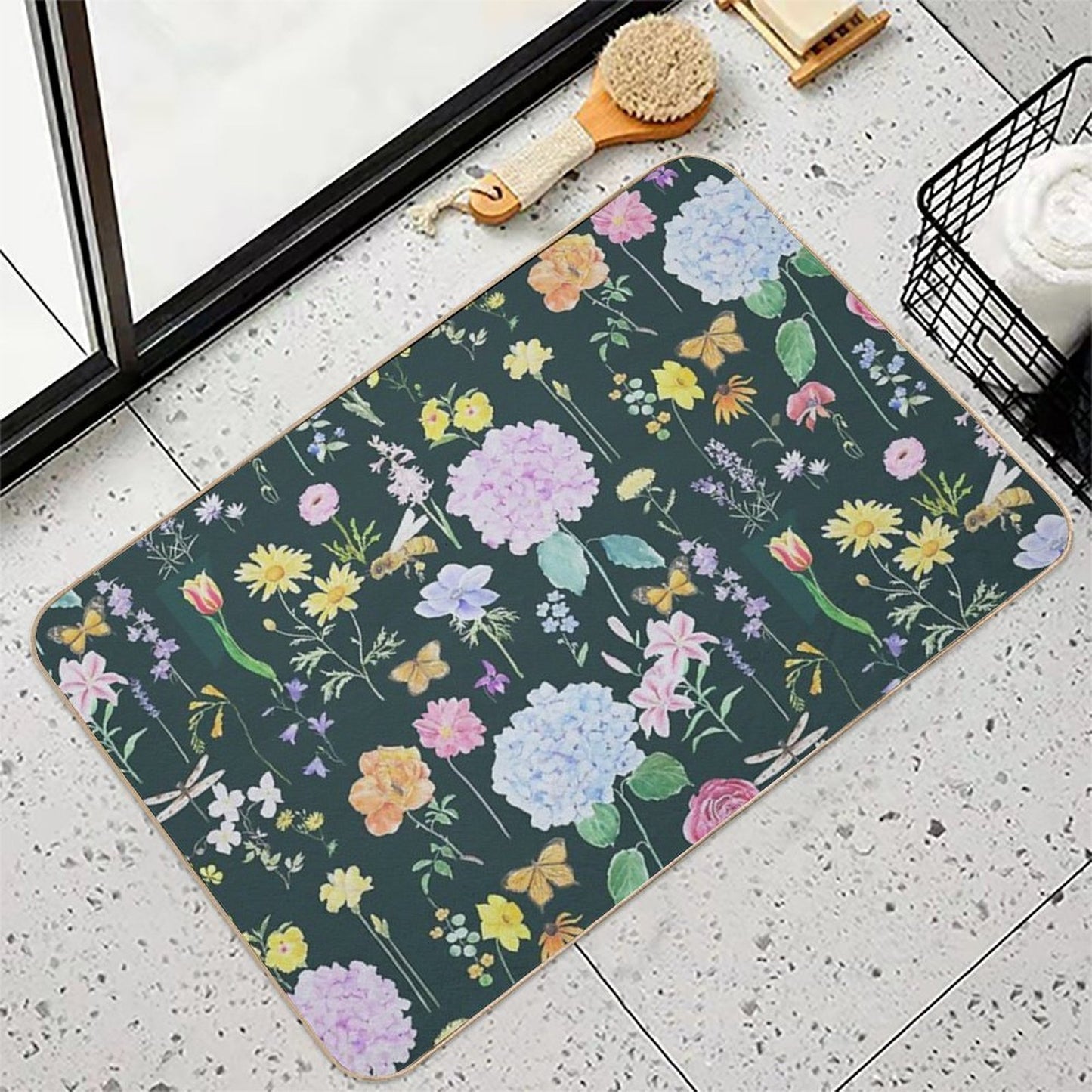 Summer Garden Flowers  Oil Painting Effect Green Background  Versatile Bath Mat