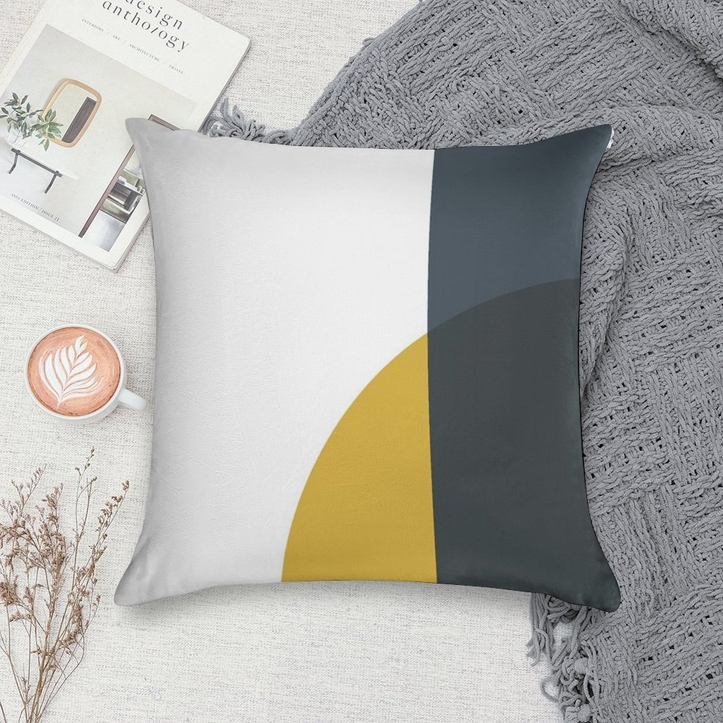 Abstract Geometric Minimalist 2 Navy Blue, Light Mustard Yellow, And White Soft Easy Maintenance Throw Pillow
