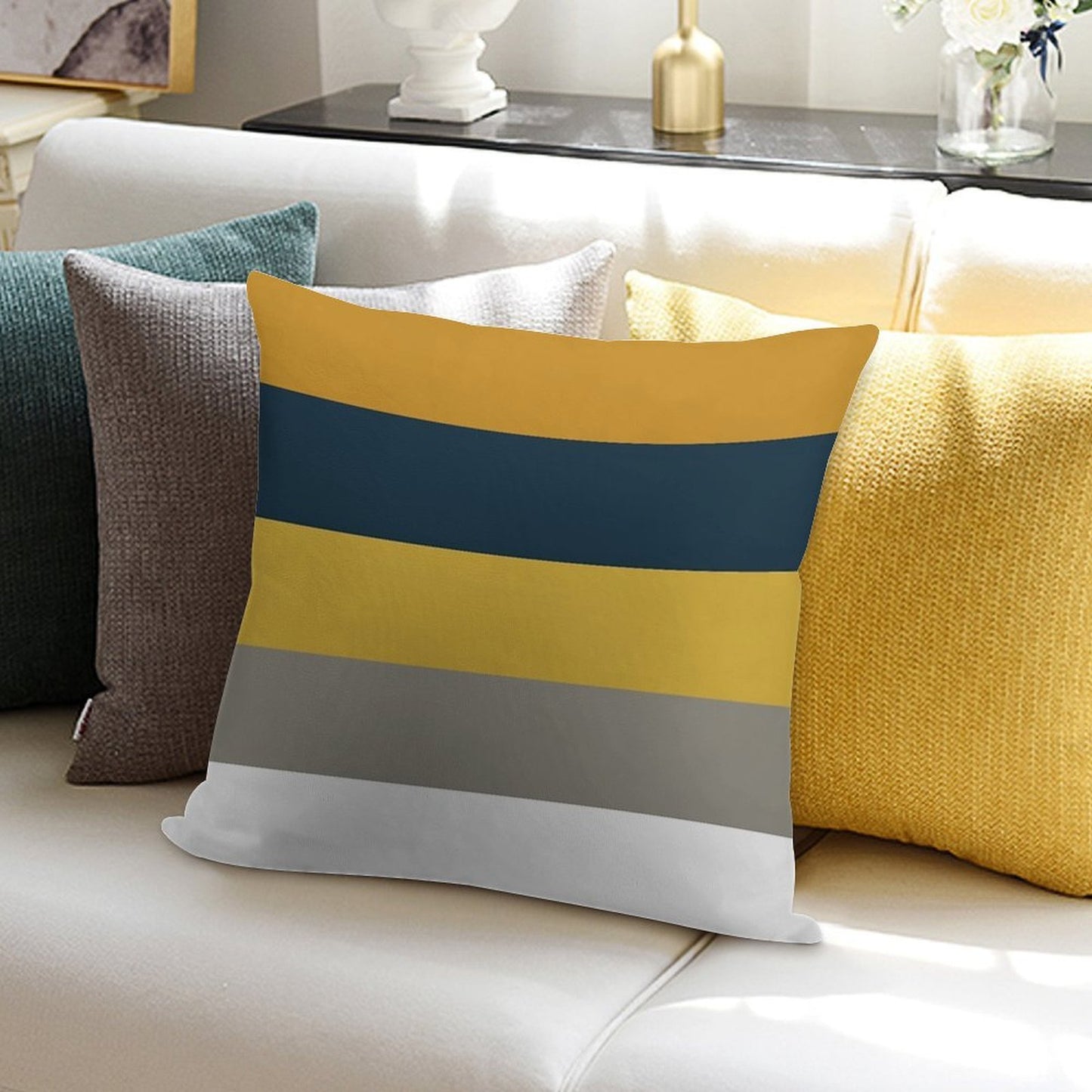 Broad Stripes Pattern in Light And Dark Mustard Yellow, Grey, White, And Navy Blue Soft Skin-Friendly Throw Pillow
