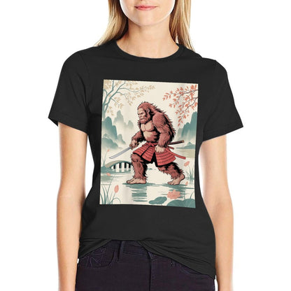 Womens Samurai Bigfoot Ukiyo-e Art Japanese Vintage Graphic Funny  Polyester Blend T-Shirt