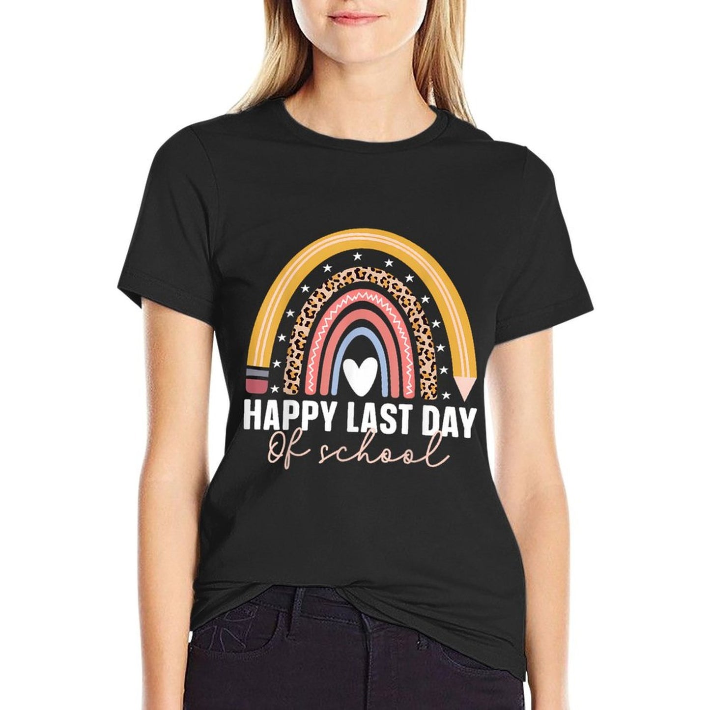 Happy Last Day Of School Rainbow Last Day Teacher  Rolled Sleeves T-Shirt