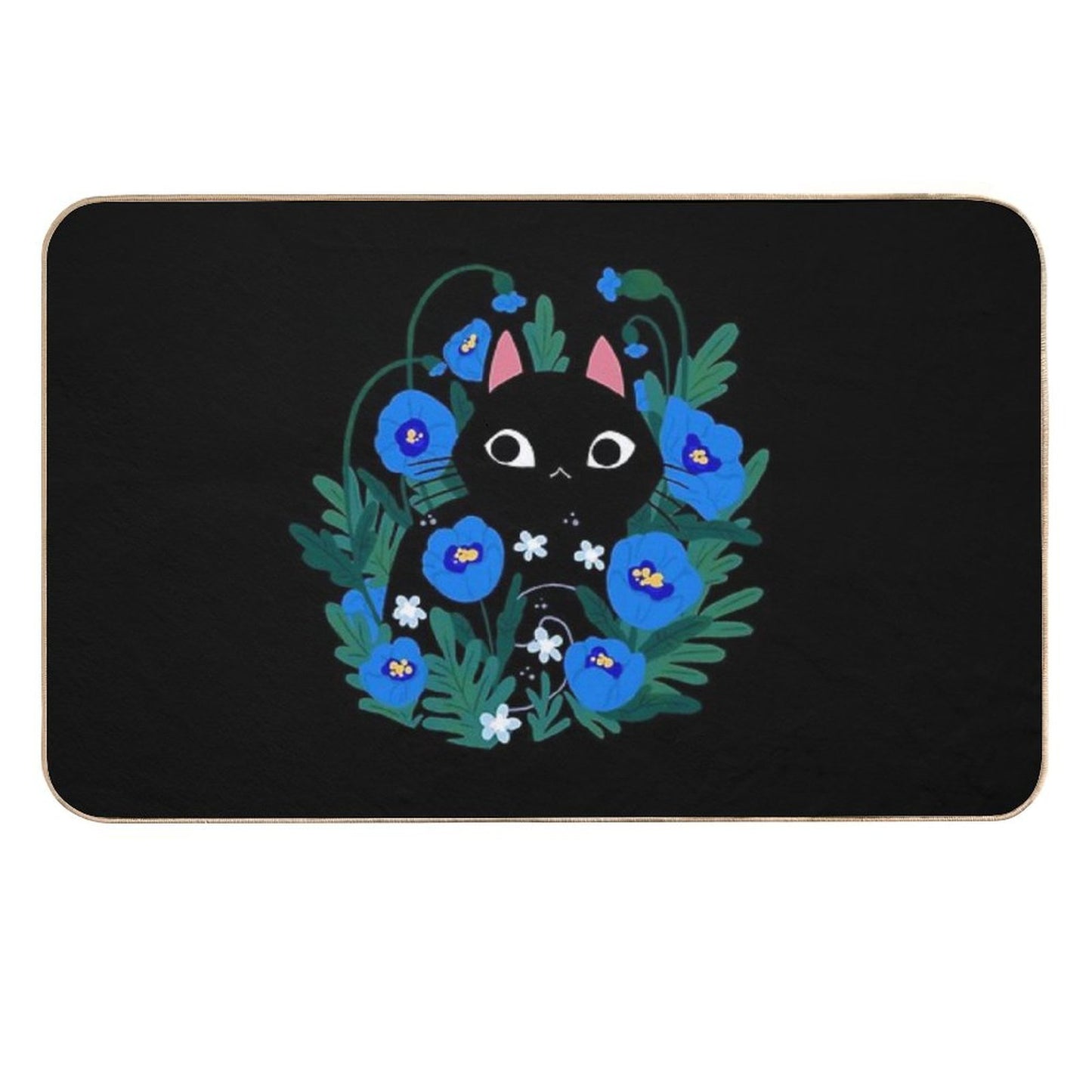 Blue Flower Black Cat  Easy To Clean Bath Mat