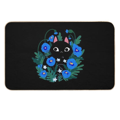 Blue Flower Black Cat  Easy To Clean Bath Mat