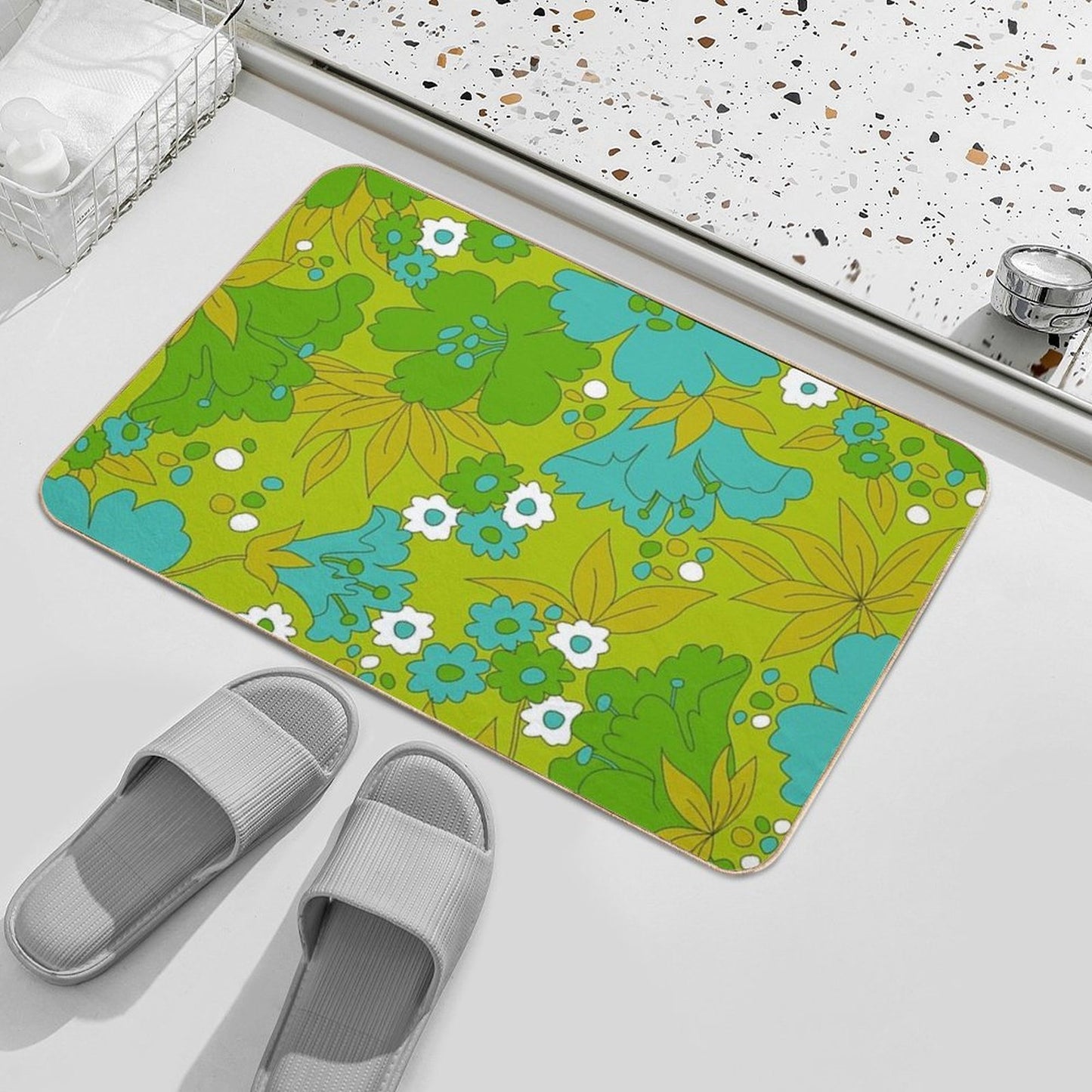 Green, Turquoise, And White Retro Flower Pattern  Multi-Purpose Bath Mat