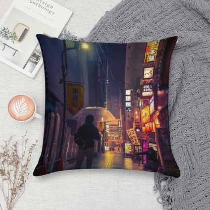 Neon Noir Street Reflecting The Warm Yellow And Orange Light from The Bar Area. Soft Durable Construction Throw Pillow