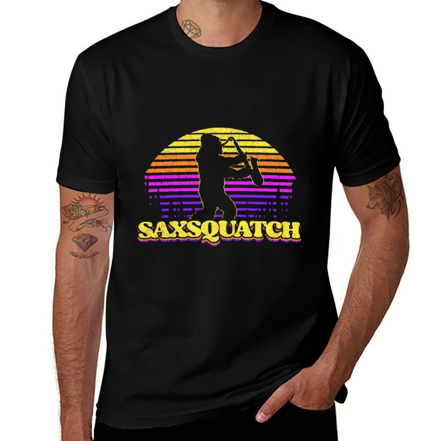 Saxsquatch Sunset Retro Funky Bigfoot Playing Saxophones  Cotton T-Shirt