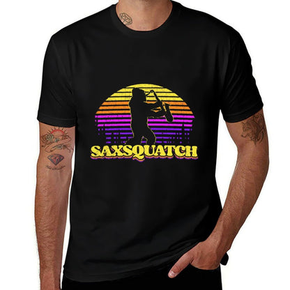 Saxsquatch Sunset Retro Funky Bigfoot Playing Saxophones  Cotton T-Shirt