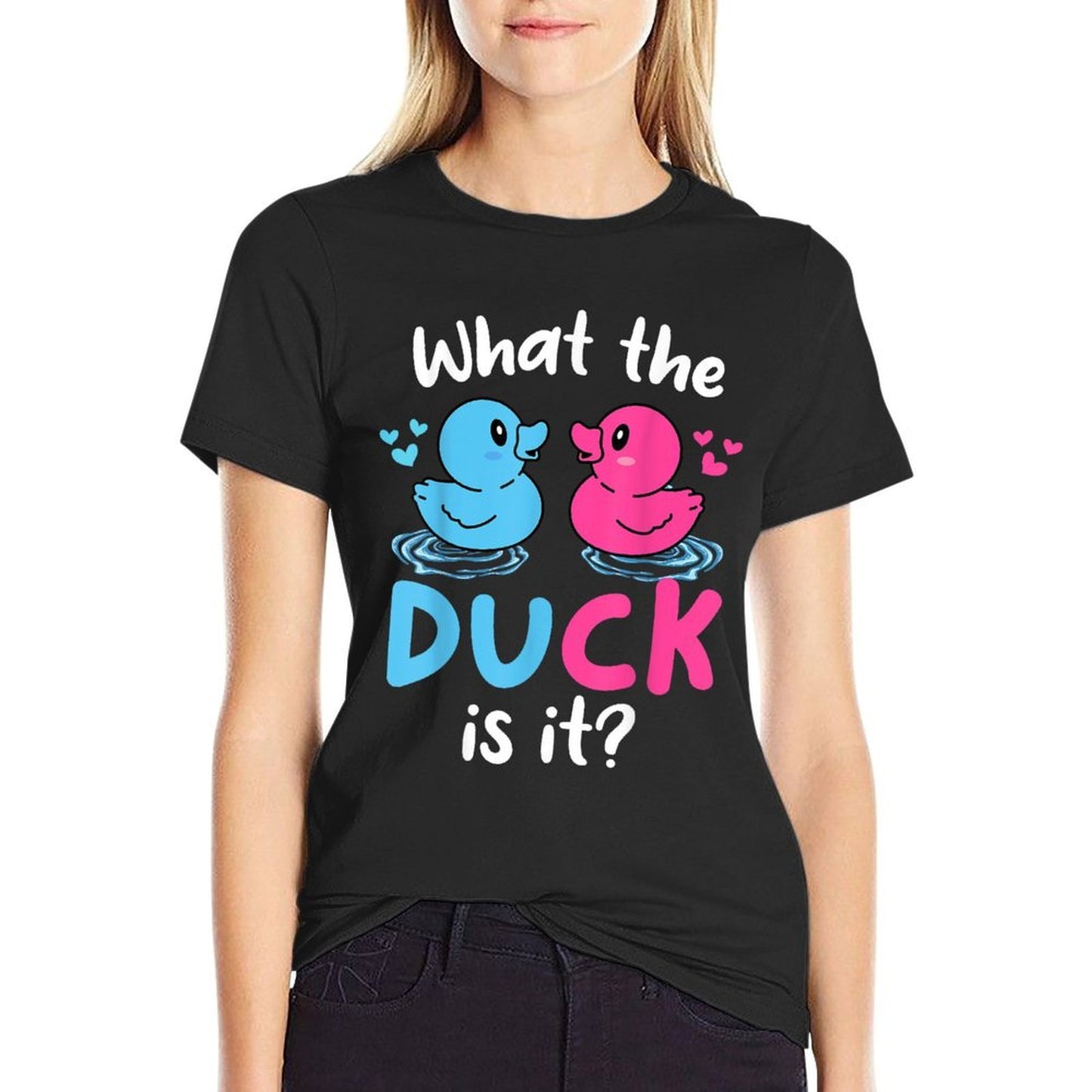 What The Ducks Is It Baby Gender Reveal Party Baby Shower  Ribbed Collar T-Shirt