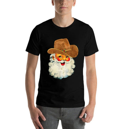 Santa Cowboy Western Christmas Xmas Holiday Pajamas  Ribbed Collar T-Shirt