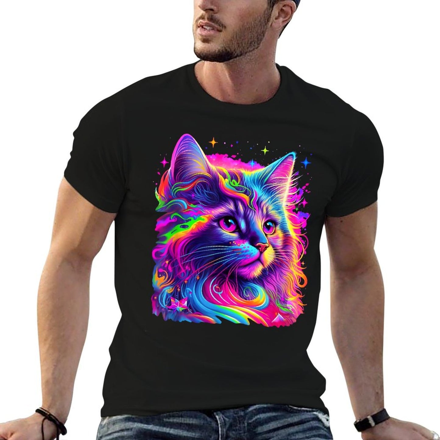 Colorful Rainbow Cat Graphic  Summer-ready Fabric T-Shirt