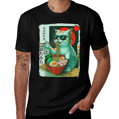 Funny Cat Eating Ramen Graphic Japanese Kawaii Otaku Anime  Rolled Sleeves T-Shirt