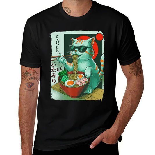 Funny Cat Eating Ramen Graphic Japanese Kawaii Otaku Anime  Rolled Sleeves T-Shirt