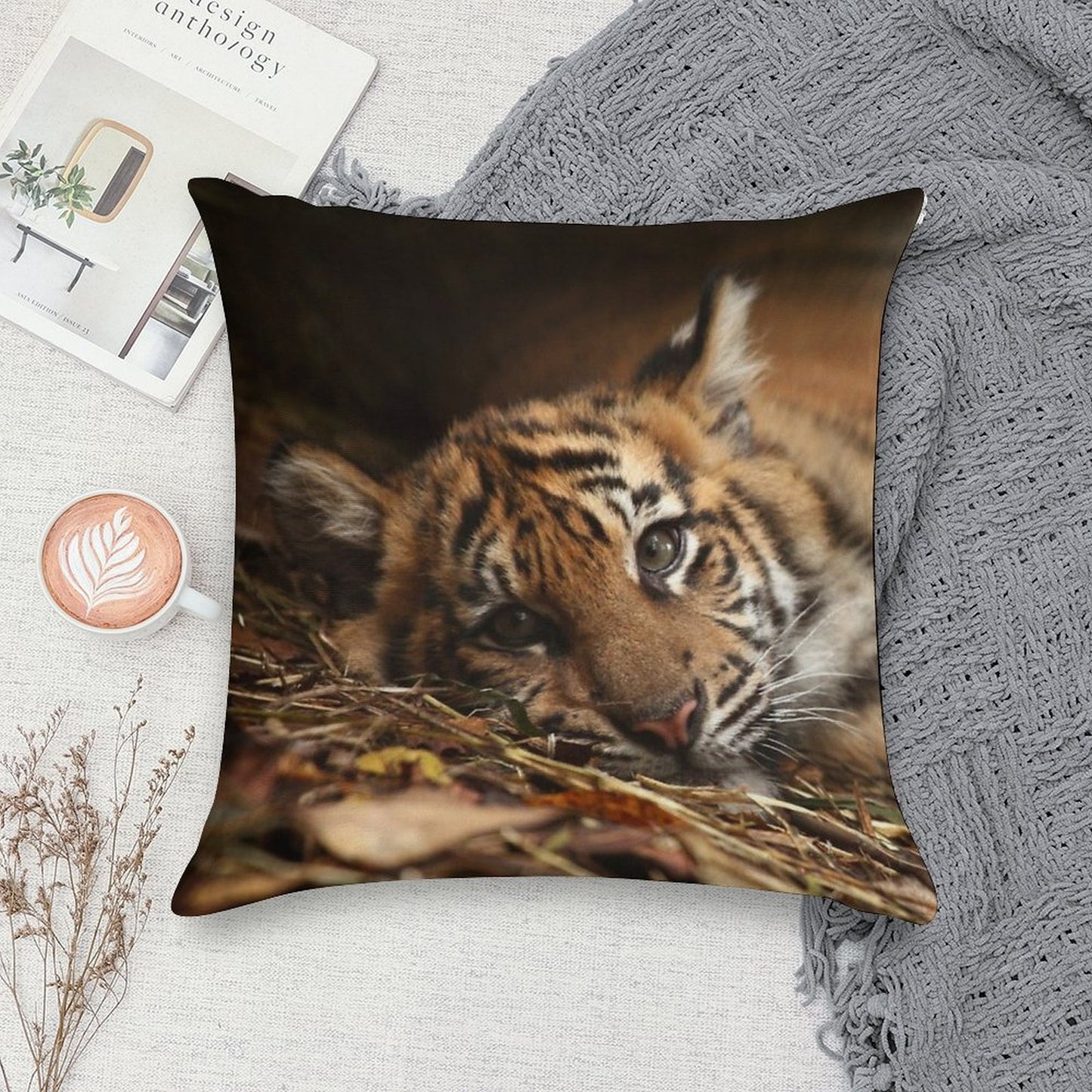Baby Tiger - Model Soft Short Plush Fabric Throw Pillow