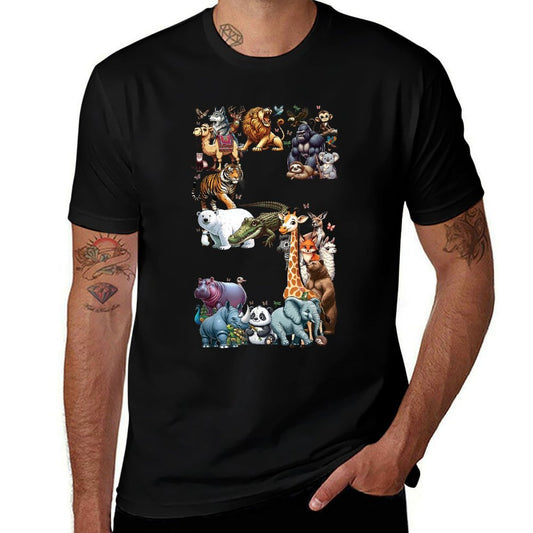 5th Birthday 5 Years Old Zoo Animals Wildlife Safari Jungle  Fade-proof Color T-Shirt