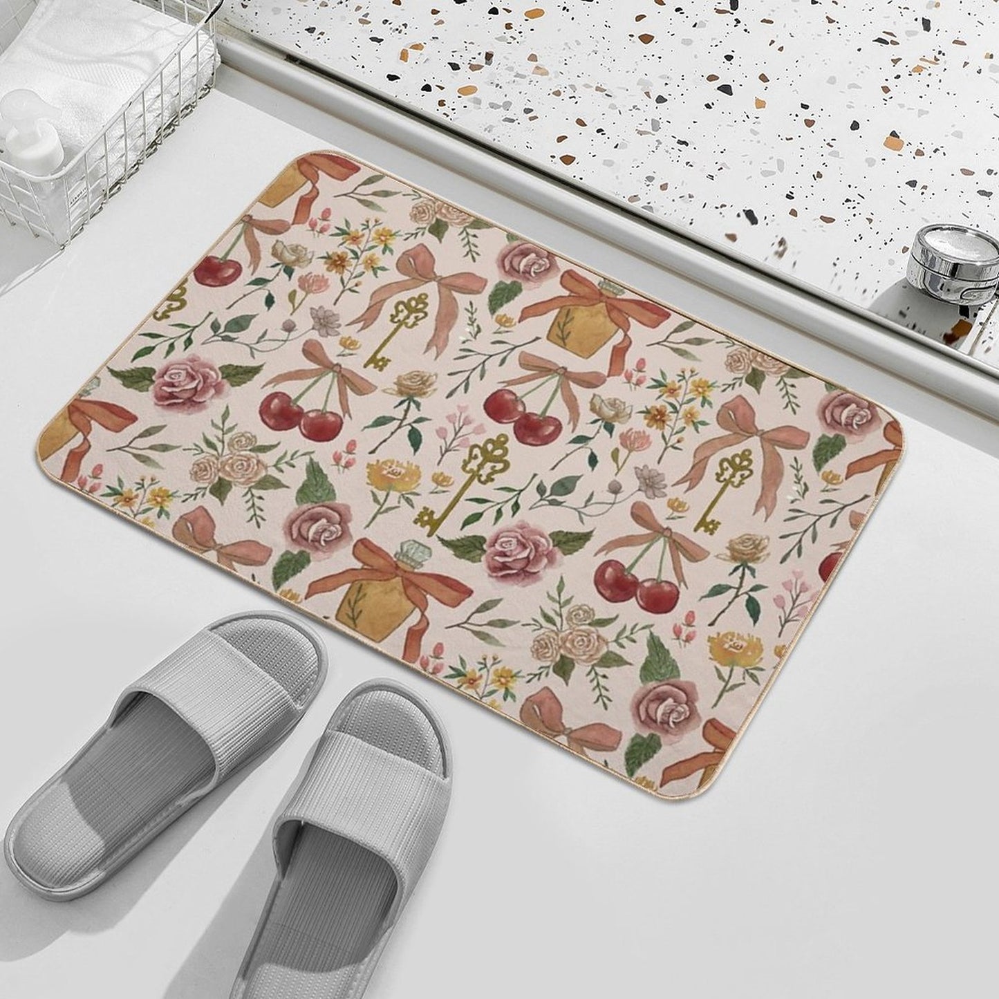 Bows, Flowers And Cherries Pattern  Multi-Purpose Bath Mat