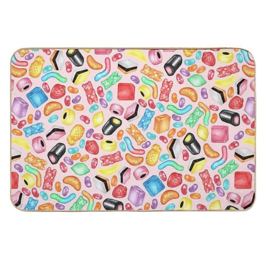 Rainbow Diet - A Colorful Assortment of Hand-drawn Candy on Pale Pink Durable Bath Mat