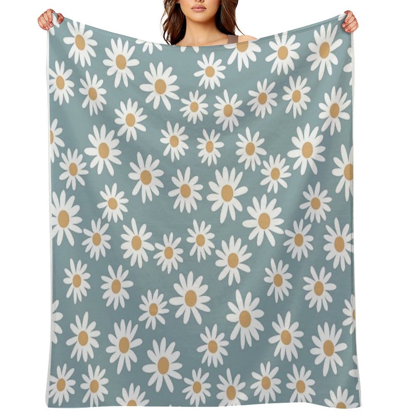 Blue Daisies - Daisy Pattern, Floral, Florals, Flower, Retro, Vintage, 70s, Camel, Brown, Rust, Earthy, Terracotta Eco-conscious Throw Blanket