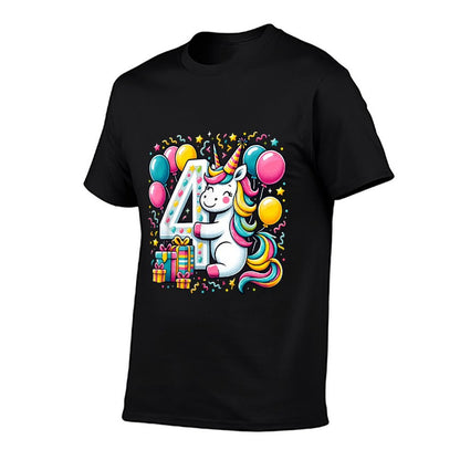 Unicorn 4th Birthday Boy Girl 4 Year Old Fourth Four Unicorn  Summer-ready Fabric T-Shirt