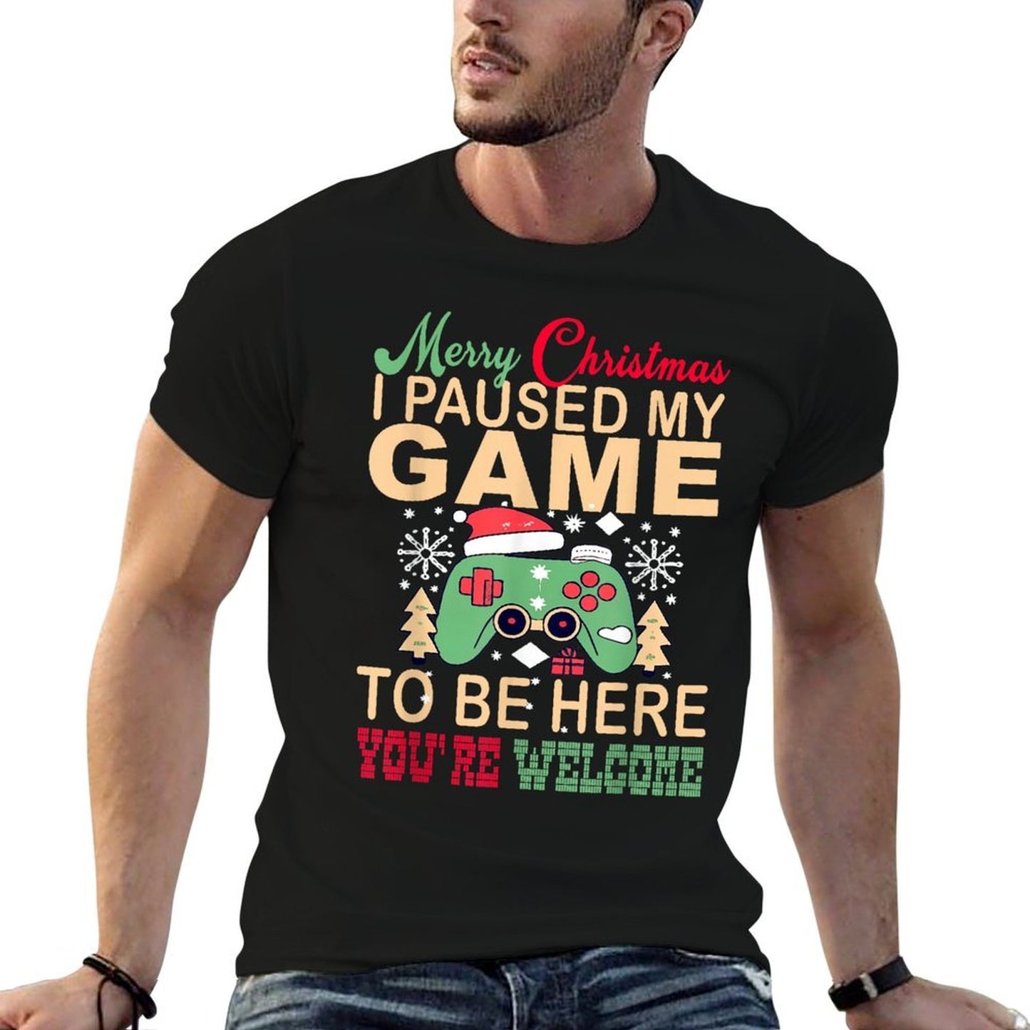 I Paused My Game to Be Here Christmas  Ribbed Collar T-Shirt