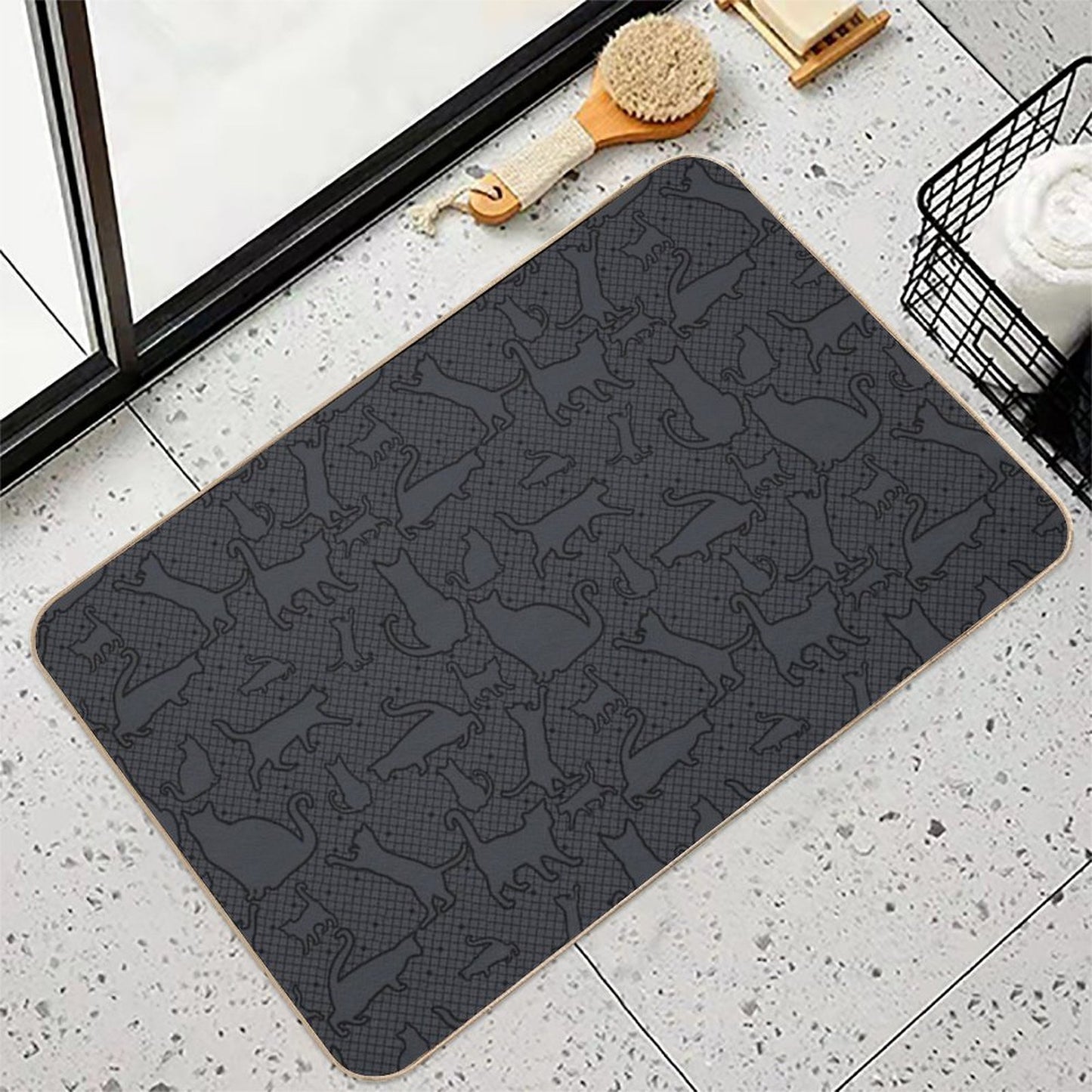 Velvet Hex Gothic Cat Silhouettes Pattern in Black  Stain-Proof Bath Mat