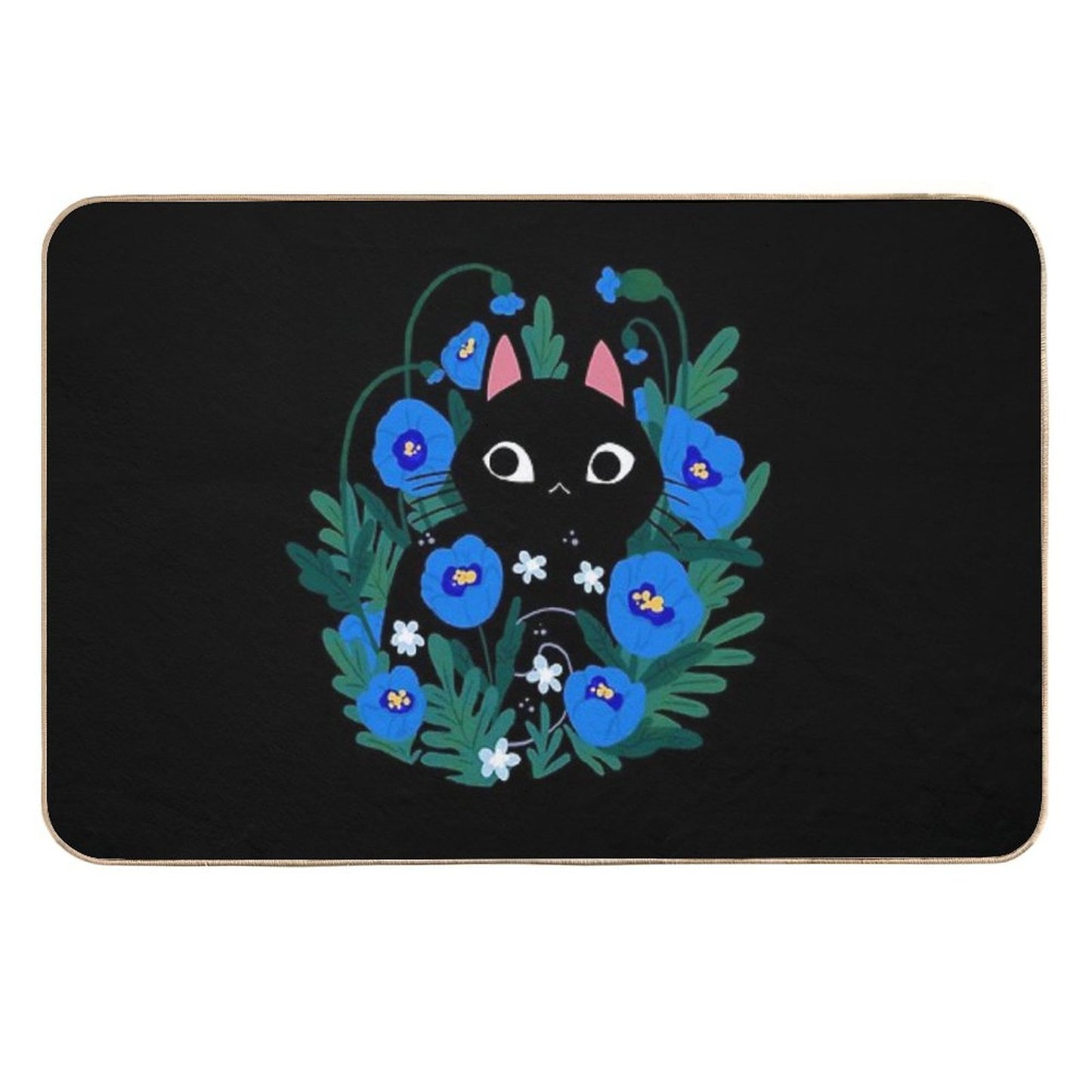 Blue Flower Black Cat  Easy To Clean Bath Mat