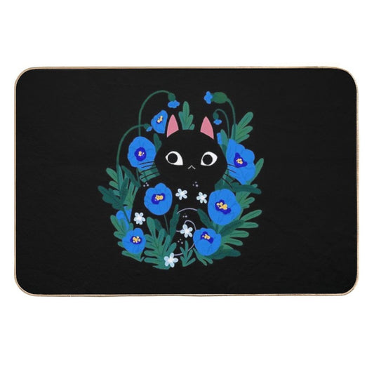 Blue Flower Black Cat  Easy To Clean Bath Mat