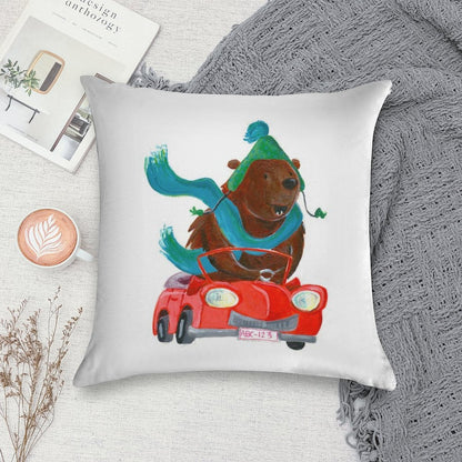 Bear in Car Soft Short Plush Fabric Throw Pillow