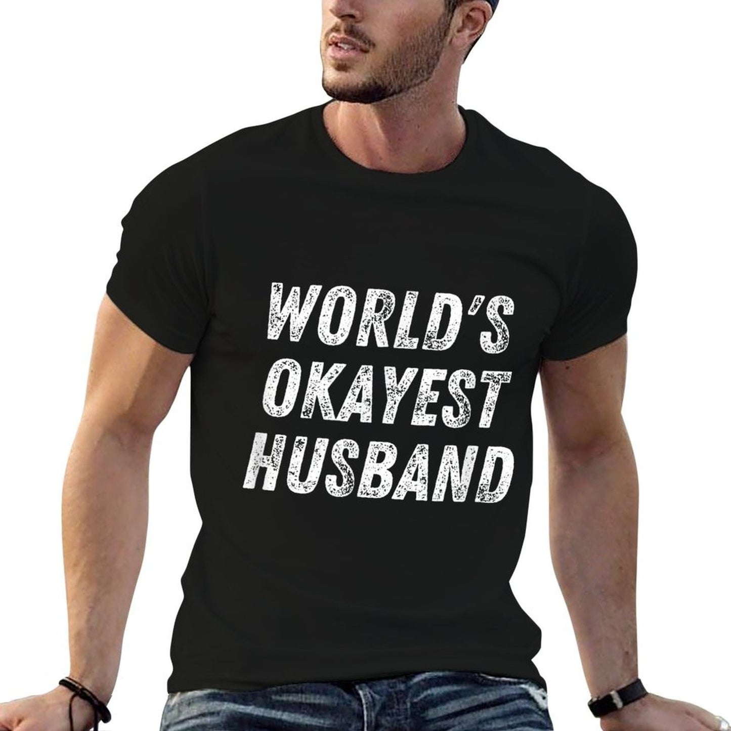 Worlds Okayest Husband Funny Dad Birthday Hubby Fathers Day  Cotton T-Shirt