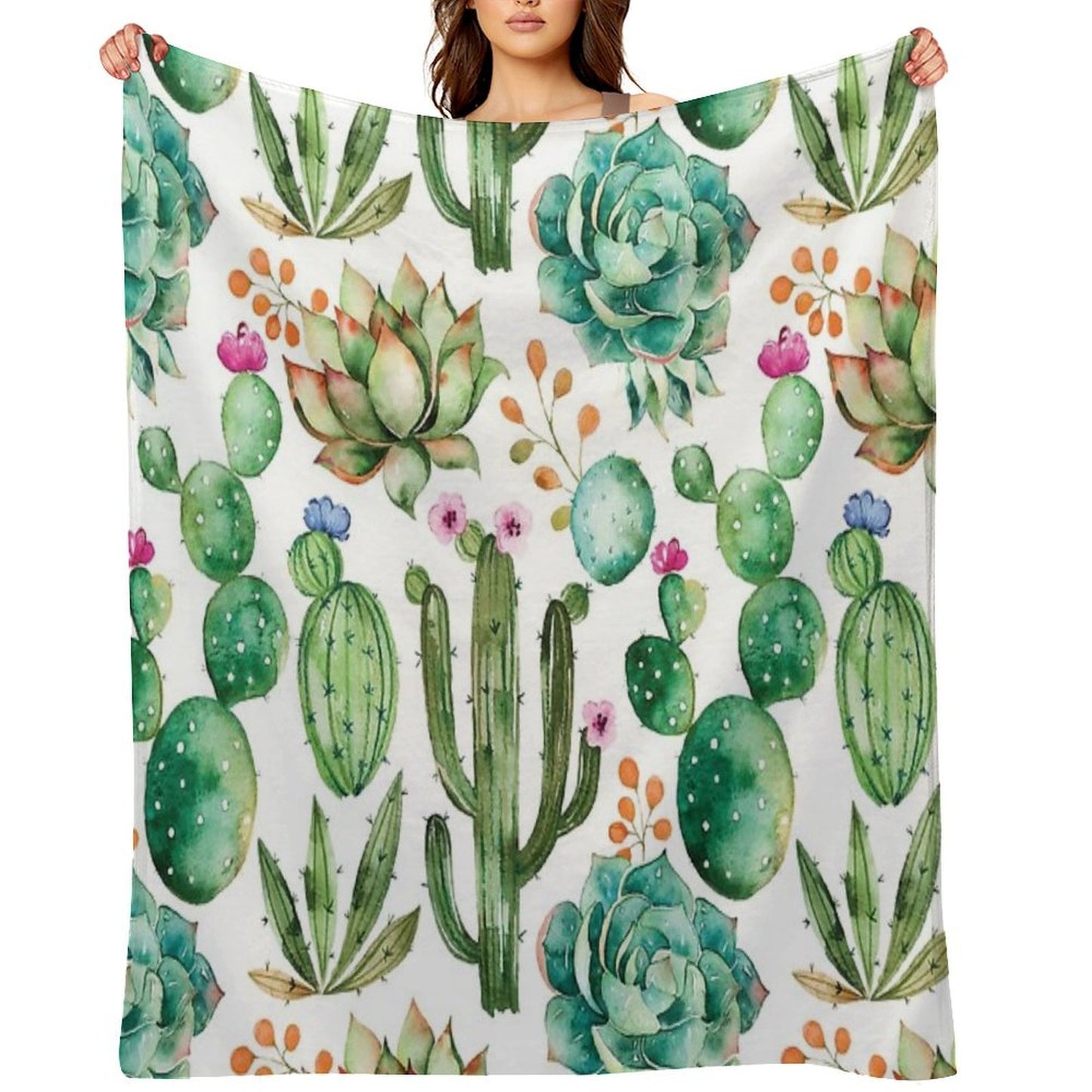 Watercolor Cactus Pattern Eco-conscious Throw Blanket