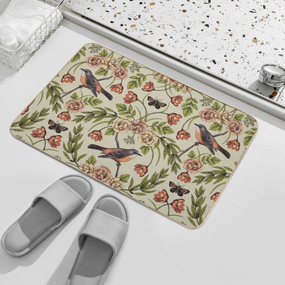In The Garden - Nature Pattern W Birds, Flowers & Moths  Non-Slip Bath Mat