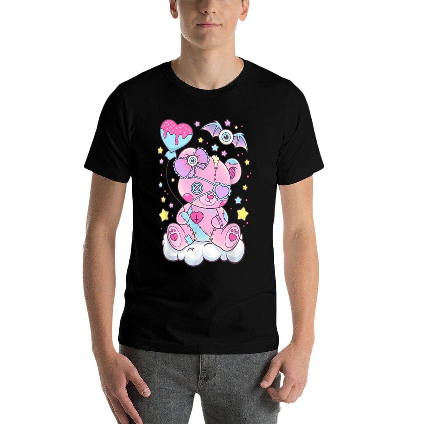 Kawaii Pastel Goth Cute Scary Bear  Rolled Sleeves T-Shirt