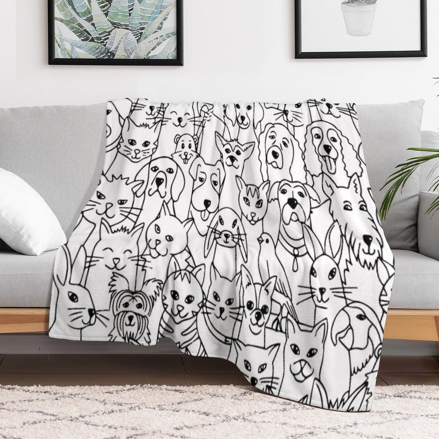 Funny Pattern with Cute Pets Dogs, Cats, Birds, Rabbits, Hamster Female Child Male Animal Lover Shrink-resistant Throw Blanket