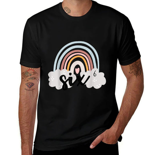 Six Year Birthday Rainbow Party Boho Retro Family 6 Year Old  Fade-proof Color T-Shirt