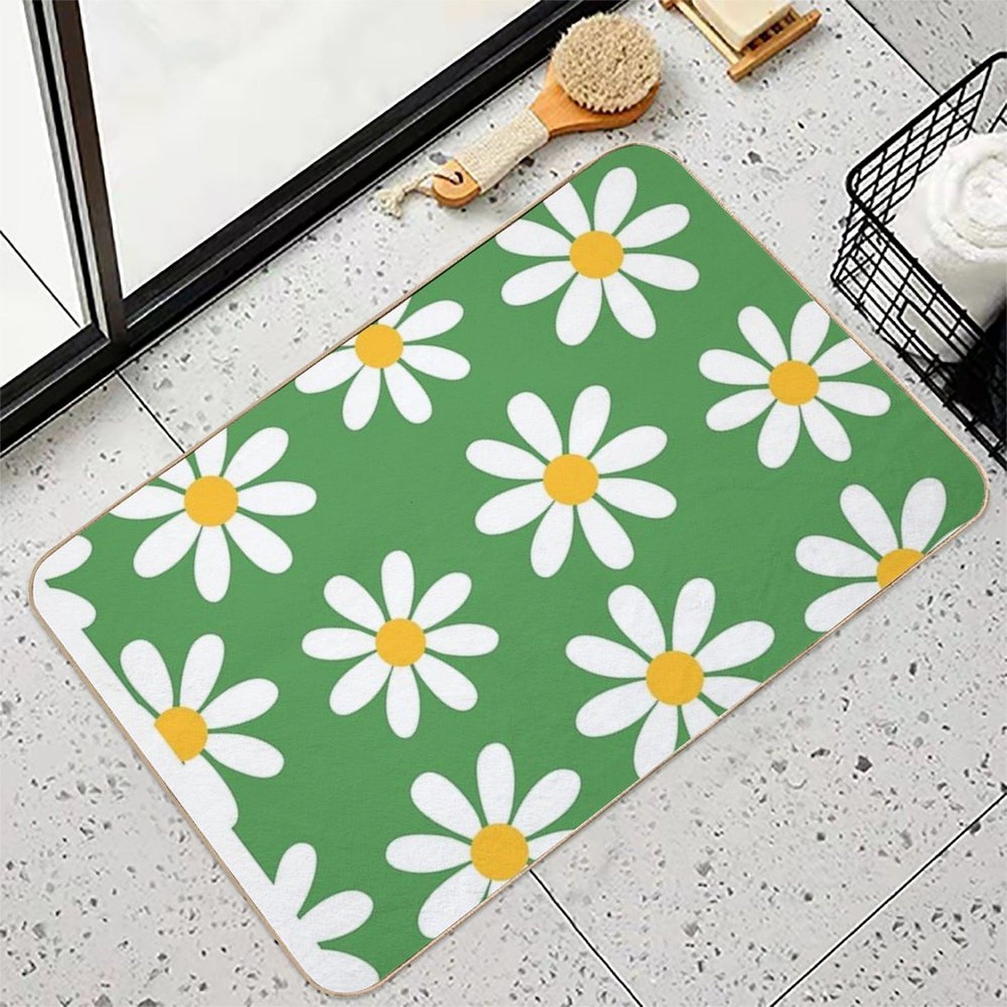 White Daisies on Vintage Green Seamless Pattern Print  Pet-Safe Bath Mat