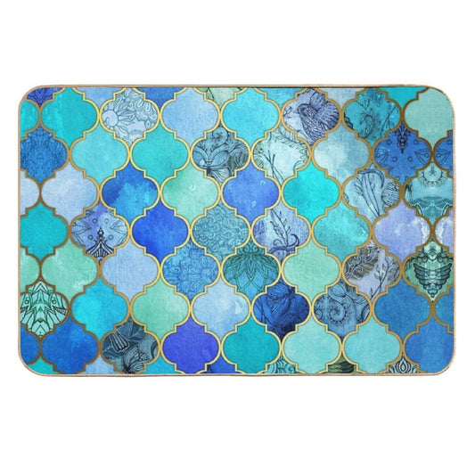 Cobalt Blue, Aqua & Gold Decorative Moroccan Tile Pattern  Pet-Safe Bath Mat