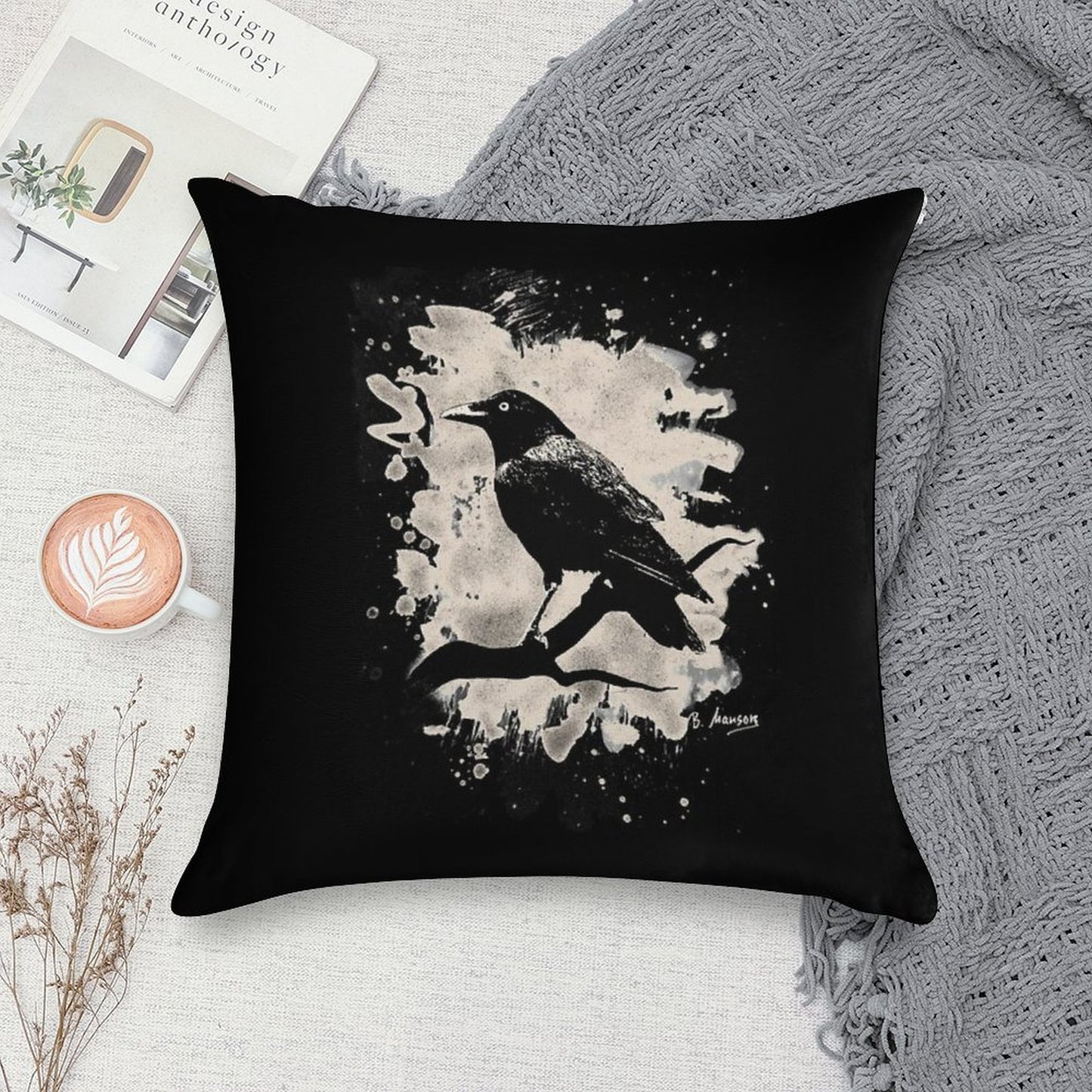 Crow Bleached (creme White) Soft Hidden Zipper Throw Pillow