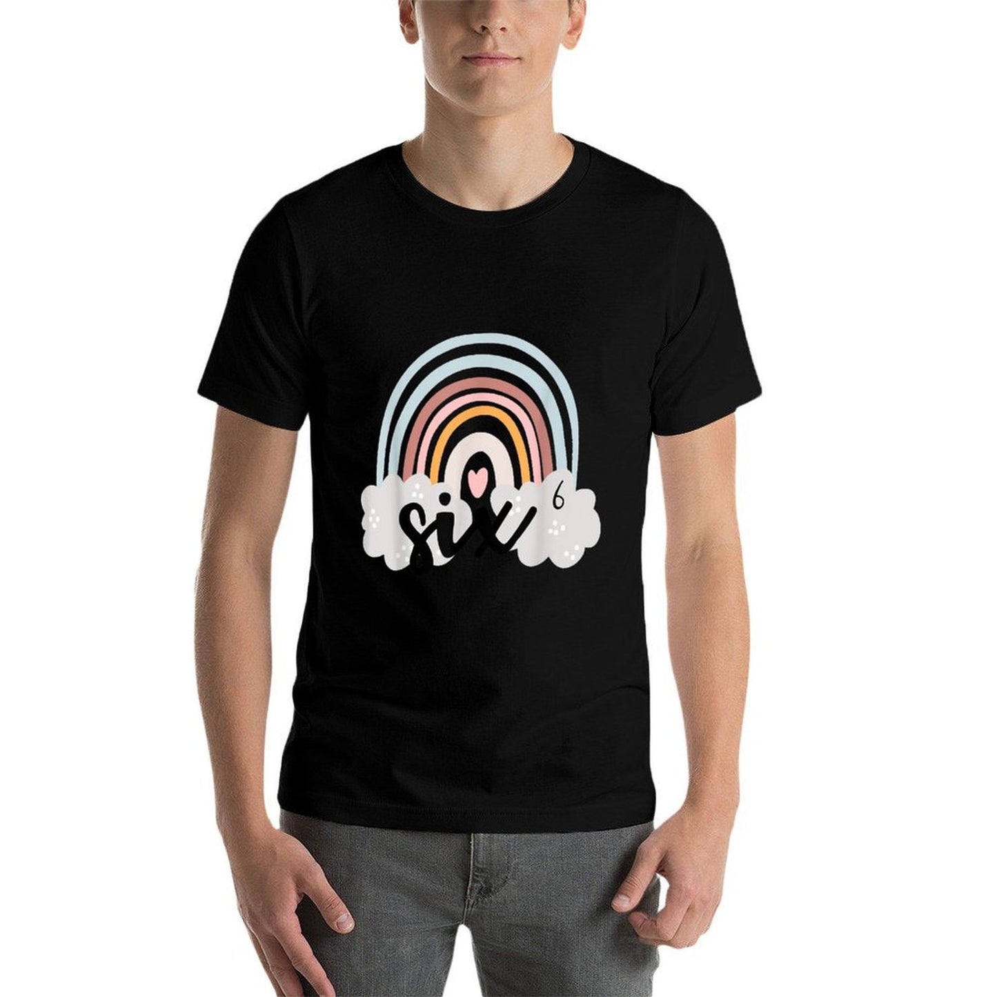 Six Year Birthday Rainbow Party Boho Retro Family 6 Year Old  Fade-proof Color T-Shirt