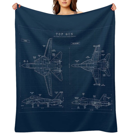 TOP GUN F14 Tomcat Vs FA18 Super Hornet (Navy Blueprint) Sustainable Throw Blanket