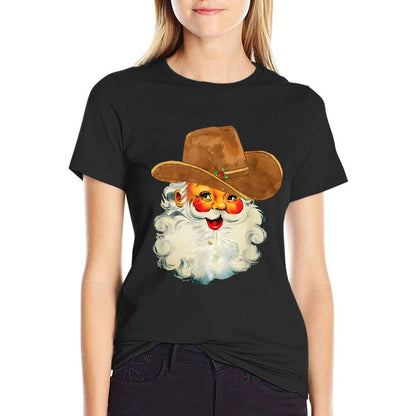 Santa Cowboy Western Christmas Xmas Holiday Pajamas  Ribbed Collar T-Shirt
